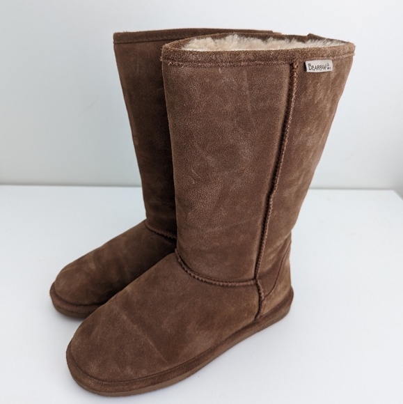 BEARPAW Emma Brown Suede Tall Boots Slip On Sheepskin Women Sz 8 Flat Heel MINT - Picture 5 of 15